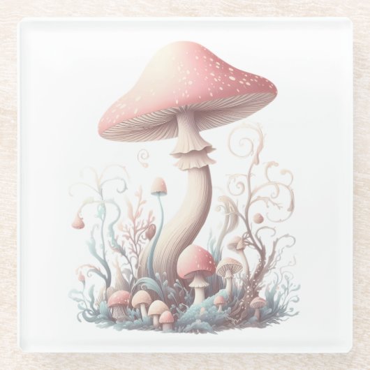 Retro pastelpaddenstoelen design met zachte kleure glazen onderzetter (Voorkant)