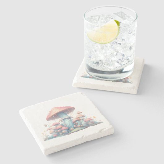 Retro pastelpaddenstoelen design met zachte kleure stenen onderzetter (Zijkant)