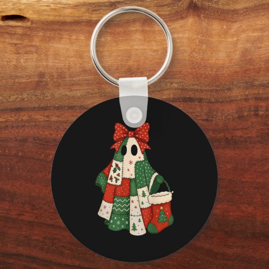 Retro Patchwork Christmas Ghost Coquette Bow X-mas Sleutelhanger (Voorkant)