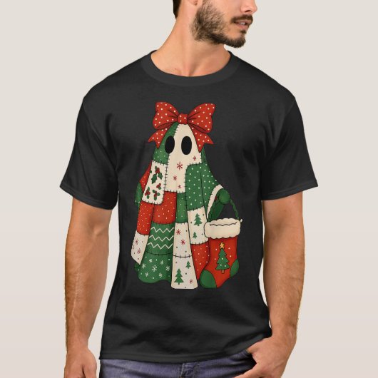Retro Patchwork Christmas Ghost Coquette Bow X-mas T-shirt (Voorkant)