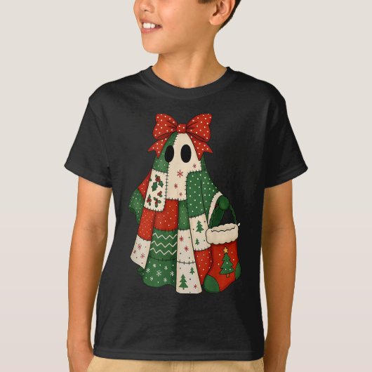 Retro Patchwork Christmas Ghost Coquette Bow X-mas T-shirt (Voorkant)