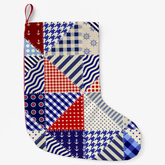 Retro Patchwork Driehoeken Nautische Stijl Kleine Kerstsok (Voorkant)