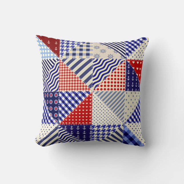 Retro Patchwork Driehoeken Nautische Stijl Kussen (Voorkant)
