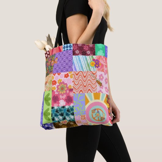 Retro Patchwork Groovy Boho Schoudertas Tote Bag (Dichtbij)