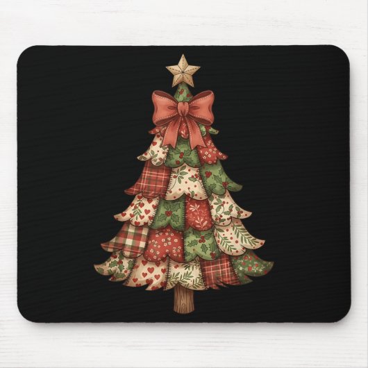 Retro Patchwork Kerstboom Vintage Prettig Kerstfee Muismat (Voorkant)