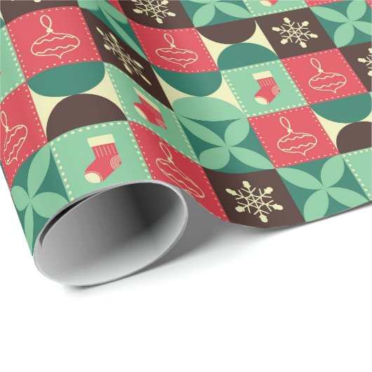Retro Patchwork Kerstpatroon Cadeaupapier (Rol Hoek)