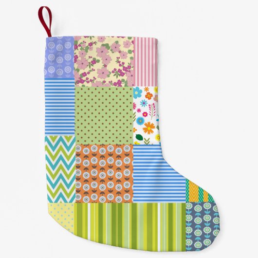 Retro Patchwork Quilt Pattern Kerstfeestdag Kleine Kerstsok (Voorkant)