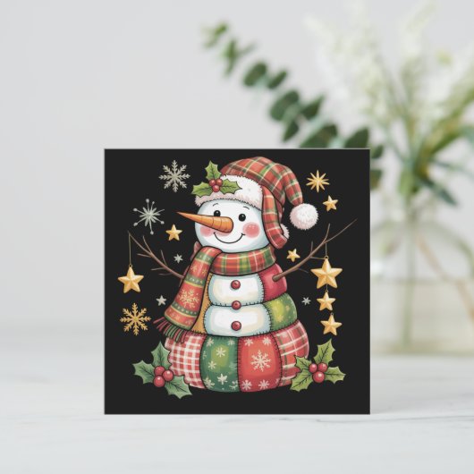 Retro Patchwork Sneeuwman Prettig Kerstmis Coquett Feestdagenkaart (Staand voorkant)