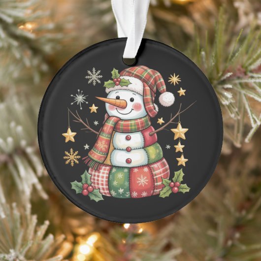 Retro Patchwork Sneeuwman Prettig Kerstmis Coquett Ornament (Boom)