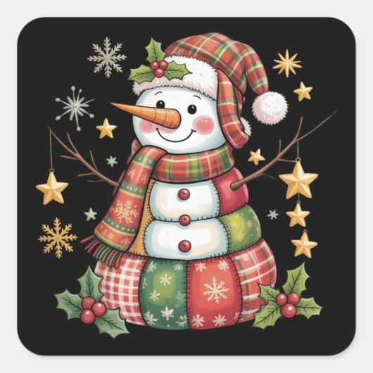 Retro Patchwork Sneeuwman Prettig Kerstmis Coquett Vierkante Sticker (Voorkant)