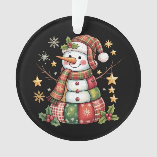 Retro Patchwork Sneeuwman Vrolijk Kerstkoket Ornament (voorkant)