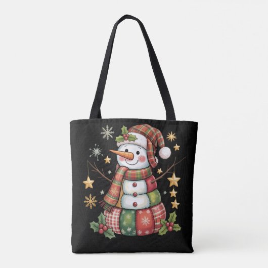 Retro Patchwork Sneeuwman Vrolijk Kerstkoket Tote Bag (Achterkant)