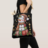 Retro Patchwork Sneeuwman Vrolijk Kerstkoket Tote Bag (Dichtbij)