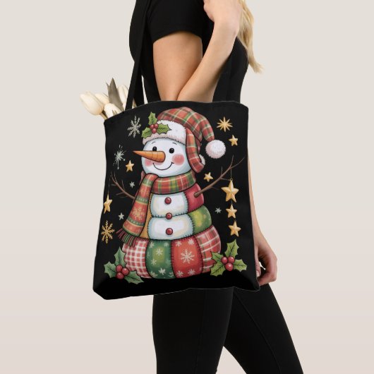 Retro Patchwork Sneeuwman Vrolijk Kerstkoket Tote Bag (Dichtbij)