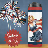 Retro Patriottisch Meisje met Amerikaanse Vlag Thermosbeker