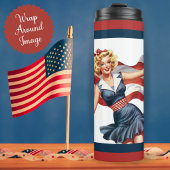 Retro Patriottisch Meisje met Amerikaanse Vlag Thermosbeker