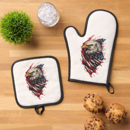 Retro Patriottische Amerikaanse Adelaar 4 juli  Ovenwant & Pannenlap Set