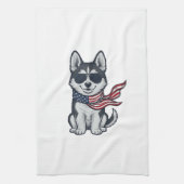 Retro Patriottische Husky Pup Vectorontwerp_1 Theedoek (Verticaal)