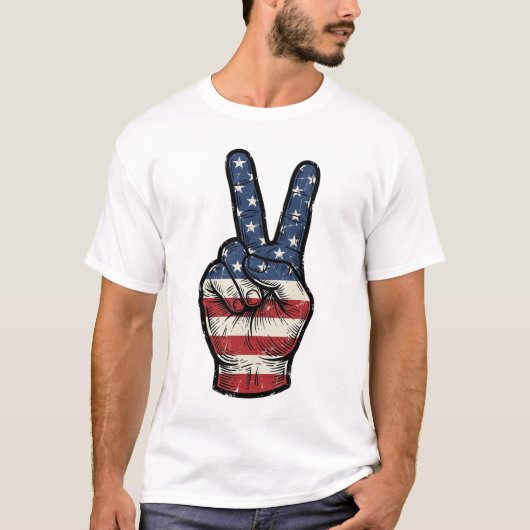 Retro Patriottische Vredeshand Vector T-shirt Ontw (Voorkant)