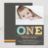 Retro Patronen First Birthday Photo Invitation Kaart (Voorkant / Achterkant)