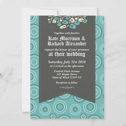 Retro Pattern en Floral Turquoise Wedding Invites Kaart (Voorkant)