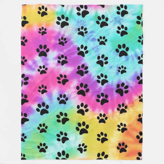 Retro Paw Print Regenboog Tie Dye Fleece Deken (Voorkant)