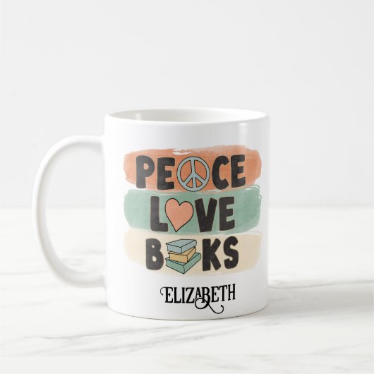 Retro Peace LOVE Books Aangepaste naam Koffiemok (Links)