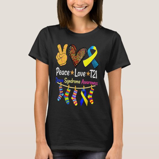 Retro Peace Love Cure Blue World Down Syndrome Awa T-shirt (Voorkant)
