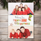 Retro Peace Love Double Photo kerstkaart