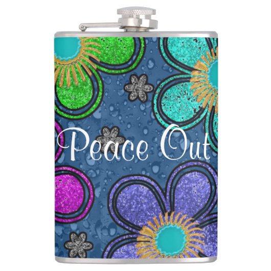 Retro Peace Out Hippie Style Flower Power Patroon Heupfles (Voorkant)