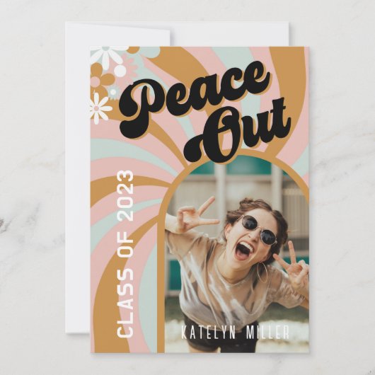 Retro Peace Out Hippy Photo Afstuderen Invitation Kaart (Voorkant)
