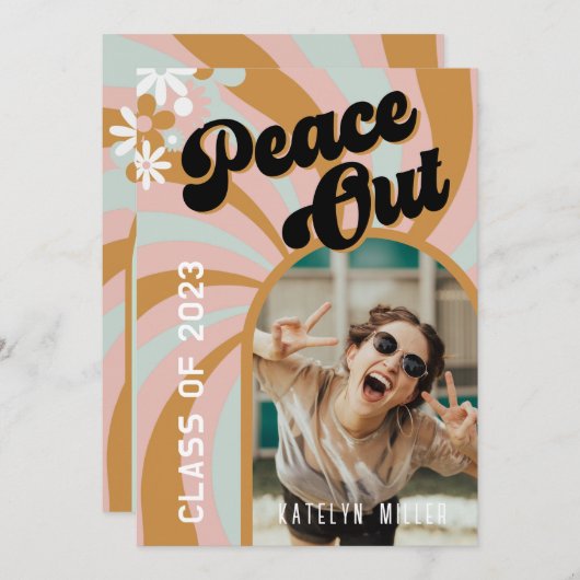 Retro Peace Out Hippy Photo Afstuderen Invitation Kaart (Voorkant / Achterkant)