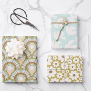 Retro Peace Rainbow Dove Neutral Fun Floral Inpakpapier Vel