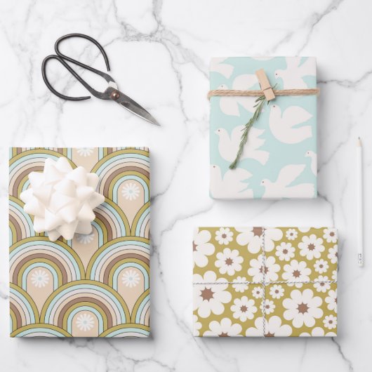 Retro Peace Rainbow Dove Neutral Fun Floral Inpakpapier Vel (Voorkant)