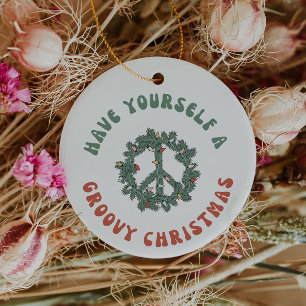 Retro Peace Sign heeft uzelf een Groovy Kerstmis Keramisch Ornament