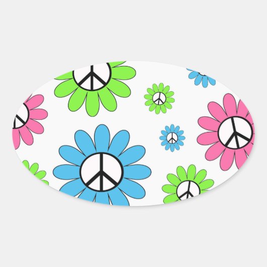 Retro Peace Symbol Flowers Ovale Sticker (Voorkant)