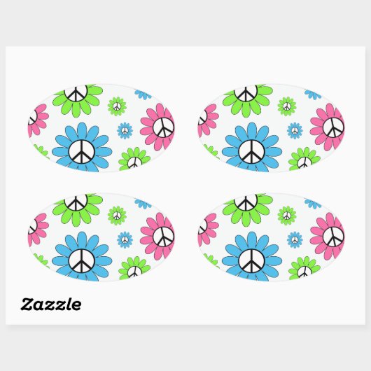 Retro Peace Symbol Flowers Ovale Sticker (Vel)