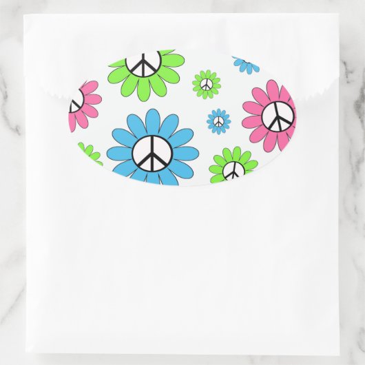 Retro Peace Symbol Flowers Ovale Sticker (Tas)