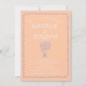 Retro Peach Blue Hand Drawn Funky Quirky Wedding Kaart (Voorkant)