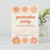 Retro PEACH Floral Groovy Graduation Invitations Feestdagenkaart (Staand voorkant)