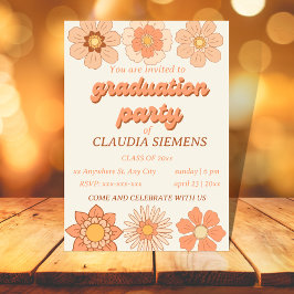 Retro PEACH Floral Groovy Graduation Invitations Feestdagenkaart