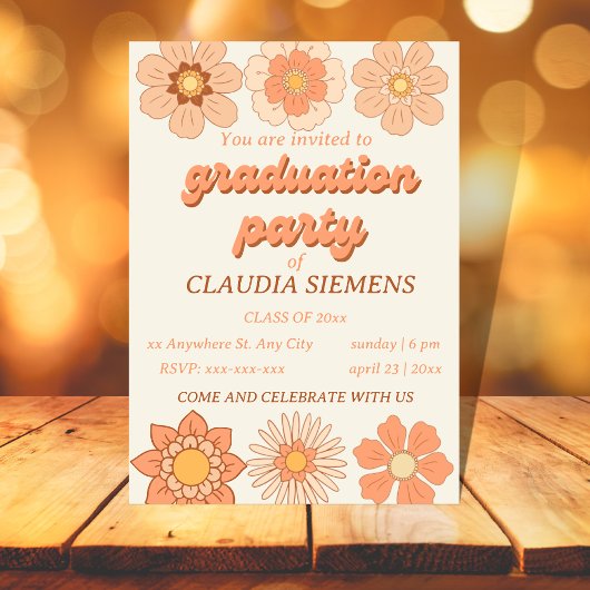 Retro PEACH Floral Groovy Graduation Invitations Feestdagenkaart