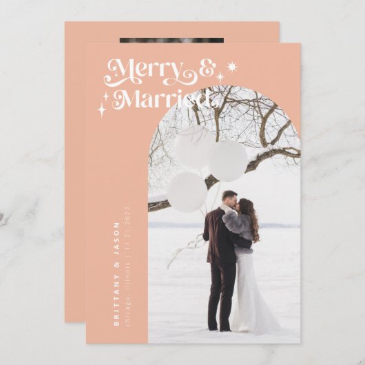 Retro Peach Merry & Married Photo Holiday Card Feestdagenkaart (Voorkant / Achterkant)