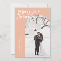 Retro Peach Merry & Married Photo Holiday Card