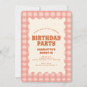 Retro Peachy Checker Sweet 16 Verjaardagsfeest Kaart (Voorkant)