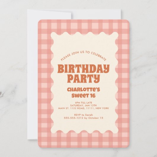 Retro Peachy Checker Sweet 16 Verjaardagsfeest Kaart (Voorkant)