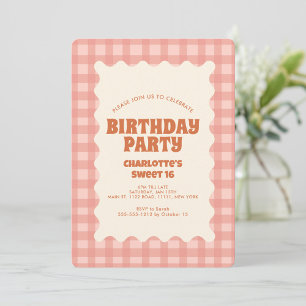 Retro Peachy Checker Sweet 16 Verjaardagsfeest Kaart