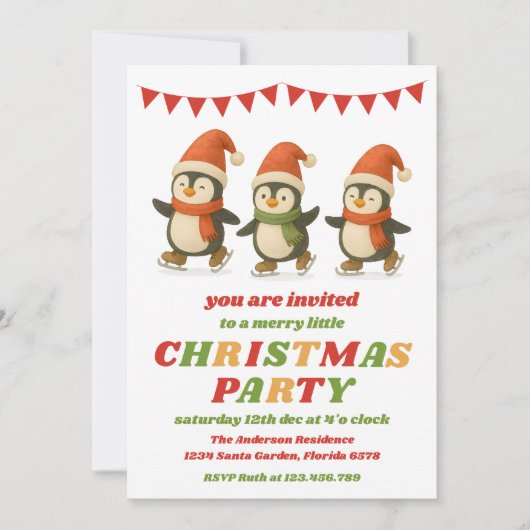 Retro Penguins Editable Christmas Party Kaart (Voorkant)
