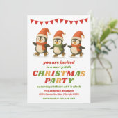 Retro Penguins Editable Christmas Party Kaart (Staand voorkant)