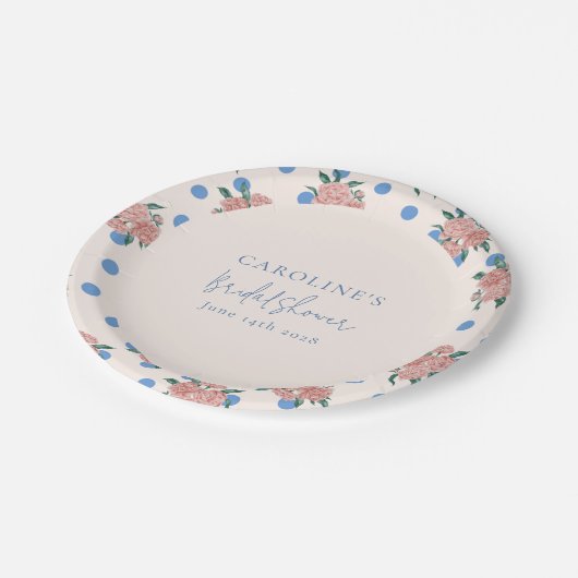 Retro Peony Bloemen Blauw Stippen Vrijgezellenfees Papieren Bordje (Gekanteld)